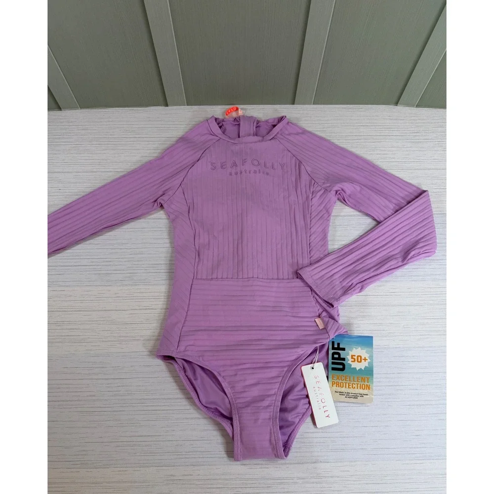 Seafolly Girls Violet Purple Ribbed Long Sleeve Paddlesuit UPF 50+ Size 14 NWT